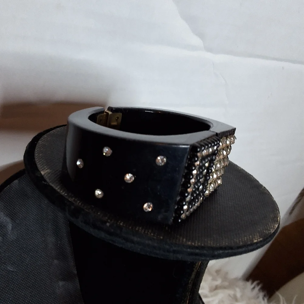 Vintage Black Rhinestone Cuff Bracelet Glam Statement Jewelry
